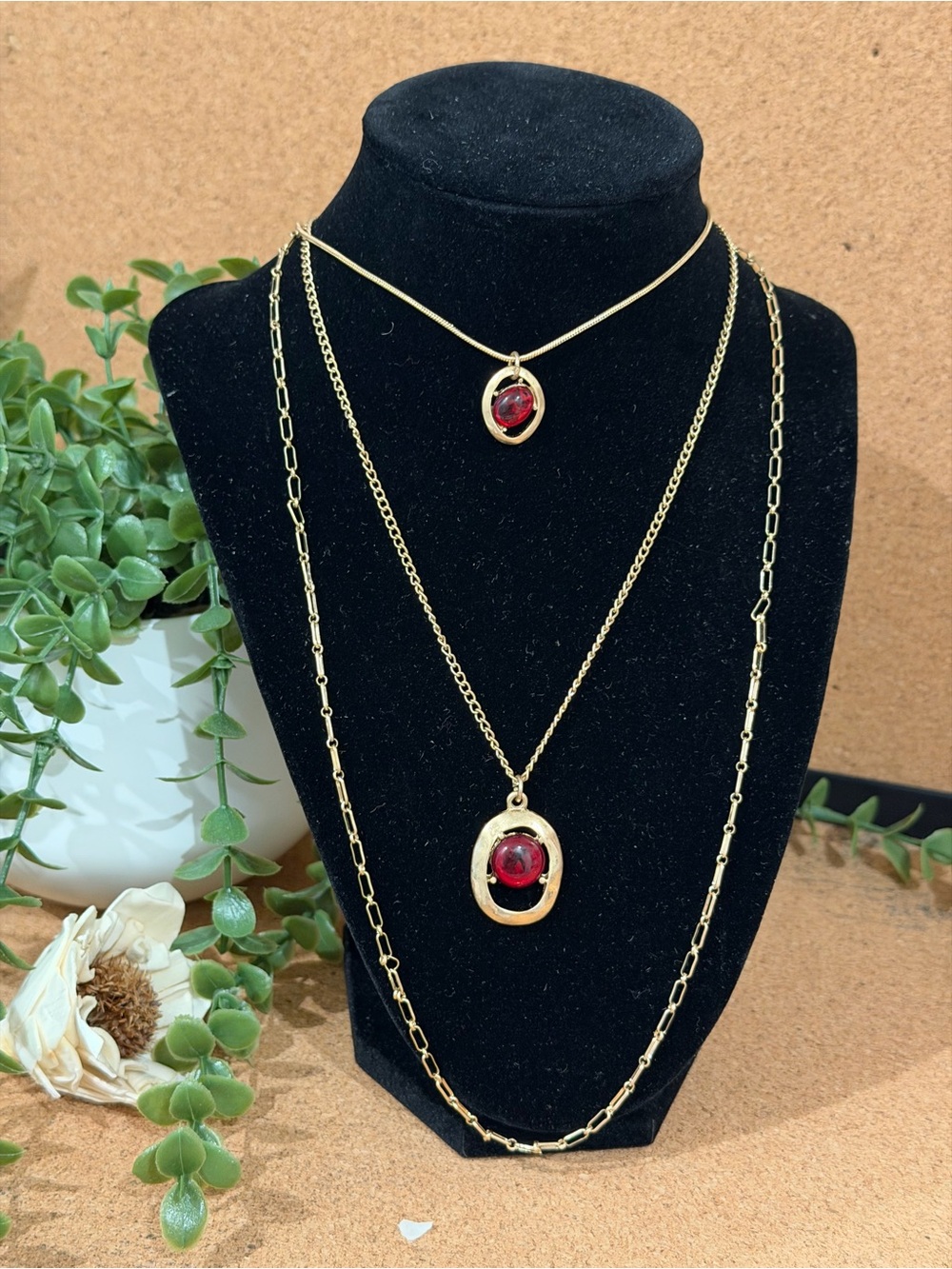 Ashley Cooper Gold-Tone Layered Necklace Set with Red Gemstone Pendant
